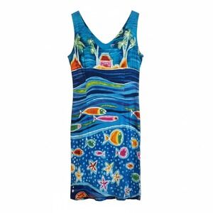 JAMS WORLD Island Fish Tropical V-Neck Sleeveless Mini Dress Size Small